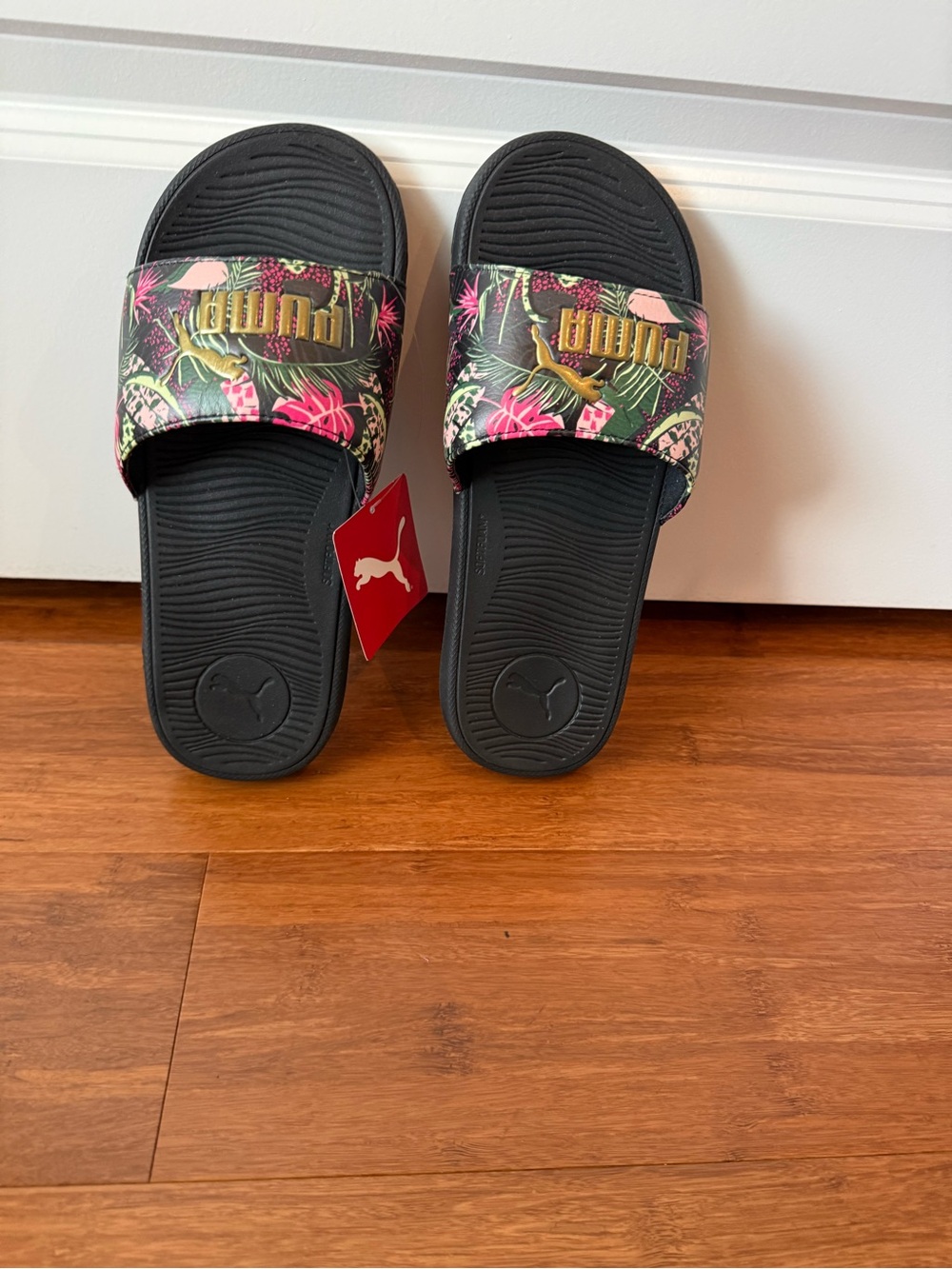 Puma Black Slides with Pink & Green Tropical Print